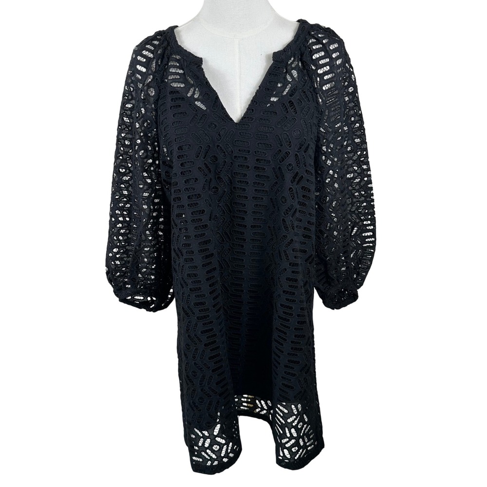 NWT Club Monaco Eyelet Dress Womens S Black Boho Geometric V Neck Balloon Sleeve